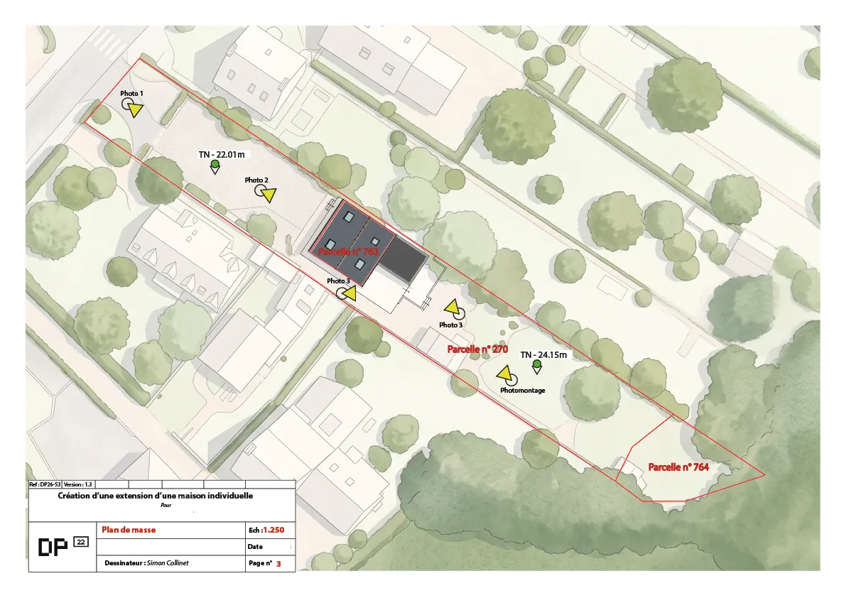Plan de masse de l'extension de maison à Pléneuf-Val-André